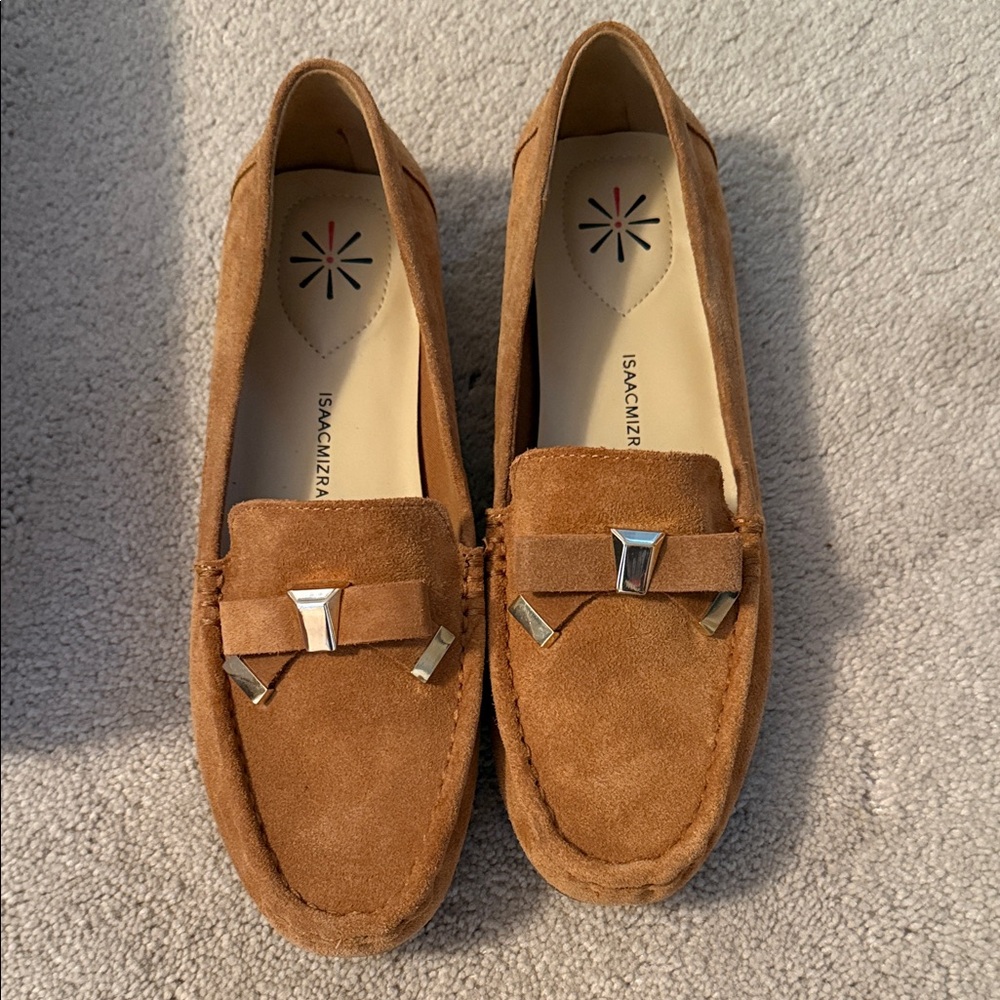 Isaac Mizrahi Brown Suede Loafers with Gold Accents